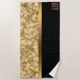 Elegant Modern Monogrammed Marble Black Gold Beach Towel