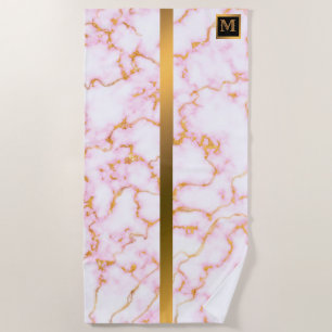 Elegant Modern Monogrammed Marble Black Gold Beach Towel