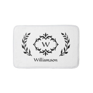 Elegant Modern Monogrammed Wreath Black White Chic Bath Mat