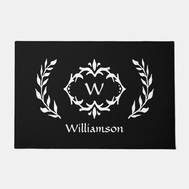 Elegant Modern Monogrammed Wreath Chic Black White Doormat (Front)