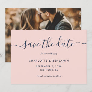 Elegant Modern Navy Blue and Blush Photo Wedding Save The Date