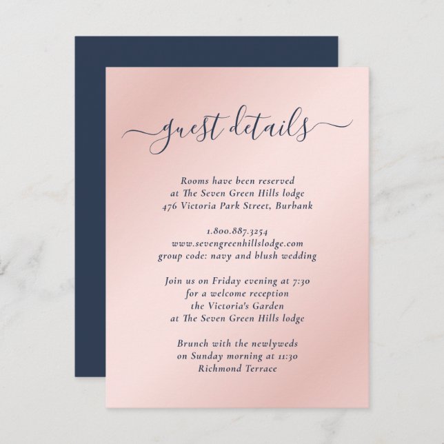 Elegant Modern Navy Blue and Blush Wedding Details Enclosure Card (Front/Back)