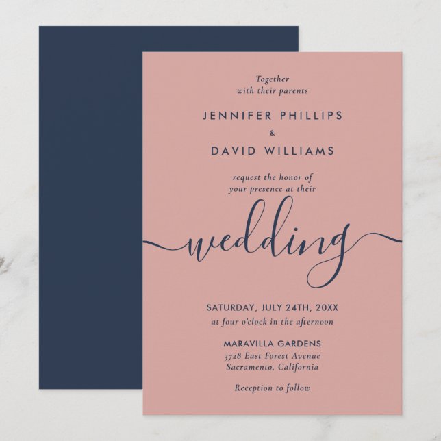 Elegant Modern Navy Blue and Blush Wedding Invitation (Front/Back)