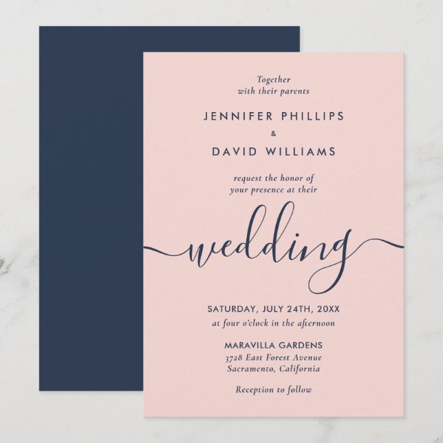 Elegant Modern Navy Blue and Blush Wedding Invitation (Front/Back)