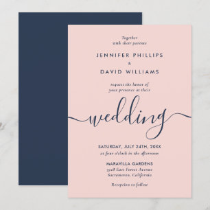 Elegant Modern Navy Blue and Blush Wedding Invitation