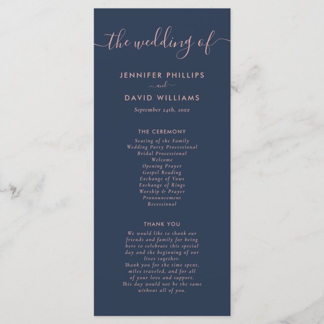Elegant Modern Navy Blue and Blush Wedding Program (Front)
