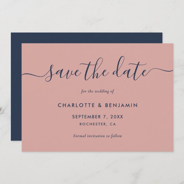 Elegant Modern Navy Blue and Blush Wedding Save The Date (Front/Back)