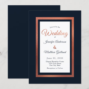 Elegant Modern Navy Blue and Copper Wedding Invitation
