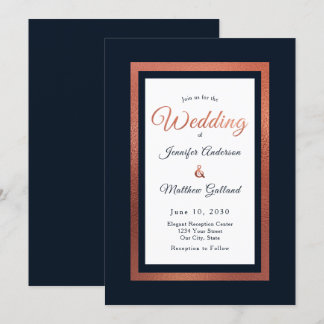 Elegant Modern Navy Blue and Copper Wedding Invitation