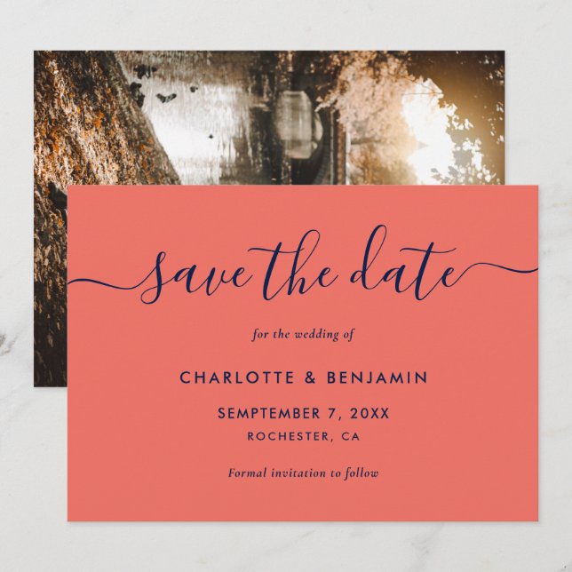 Elegant Modern Navy Blue and Coral Photo Announcement (Front/Back)