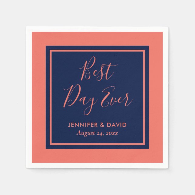 Elegant Modern Navy Blue and Coral Wedding Napkin (Front)
