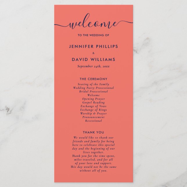 Elegant Modern Navy Blue and Coral Wedding Program (Front)