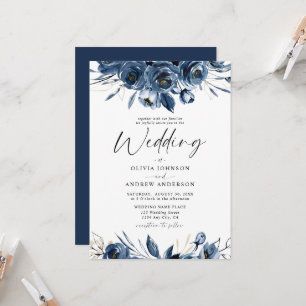 Elegant Modern Navy Blue and Silver Floral Wedding Invitation