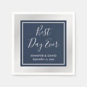 Elegant Modern Navy Blue and Silver Wedding Napkin