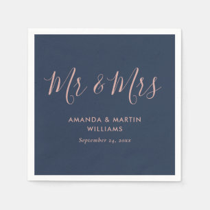 Elegant Modern Navy Blue Blush Mr and Mrs Wedding Napkin
