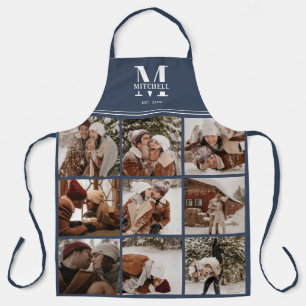 Elegant Modern Navy Blue Family Photo Collage Apron