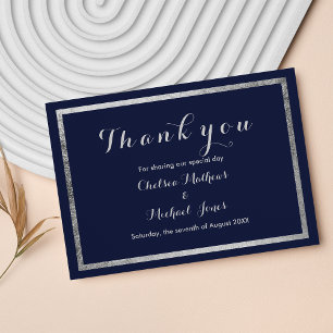 Elegant modern navy blue faux silver Thank you Card