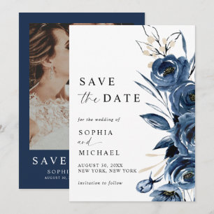 Elegant Modern Navy Blue Floral & Photo Wedding  Save The Date