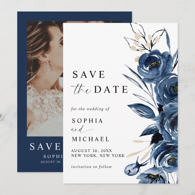 Elegant Modern Navy Blue Floral & Photo Wedding  Save The Date (Front/Back)