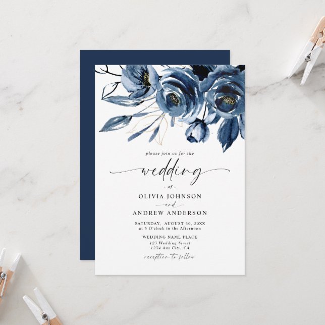 Elegant Modern Navy Blue Flowers & Script Wedding Invitation (Front/Back In Situ)