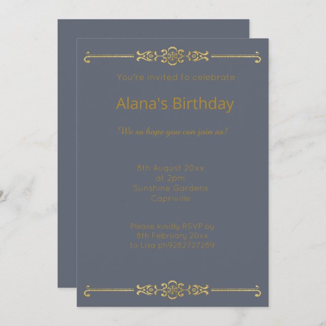 ELEGANT MODERN NAVY BLUE GOLD BORDER INVITATION (Front/Back)