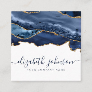 Elegant Modern Navy Blue Gold Glitter Agate Marble Square Business Card