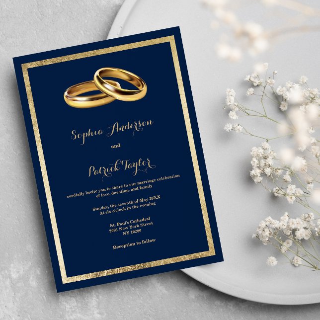Elegant modern navy blue gold rings Wedding Invitation (Elegant modern navy blue gold rings Wedding)