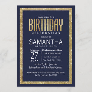 Elegant Modern Navy Blue Gold Sequin Birthday Invitation