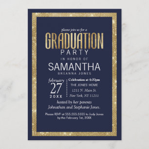 Elegant Modern Navy Blue Gold Sequin Graduation Invitation