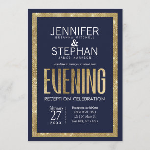 Elegant Modern Navy Blue Gold Sequin Reception Invitation