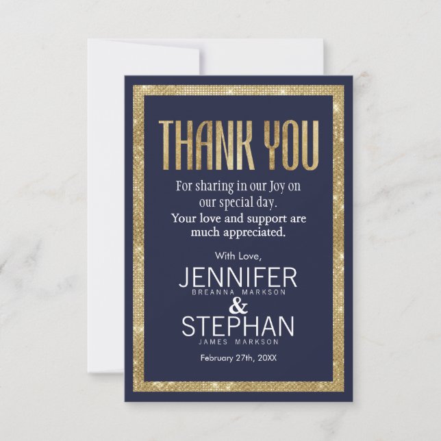 Elegant Modern Navy Blue Gold Sequin Thank You Card (Front)