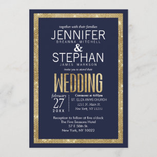 Elegant Modern Navy Blue Gold Sequin Wedding Invitation