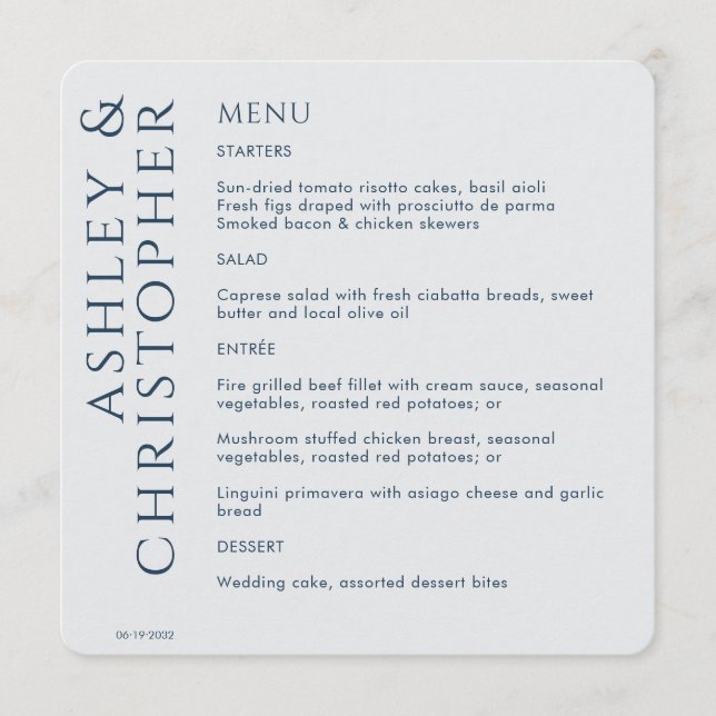 Elegant Modern Navy Blue Wedding Menu (Front)