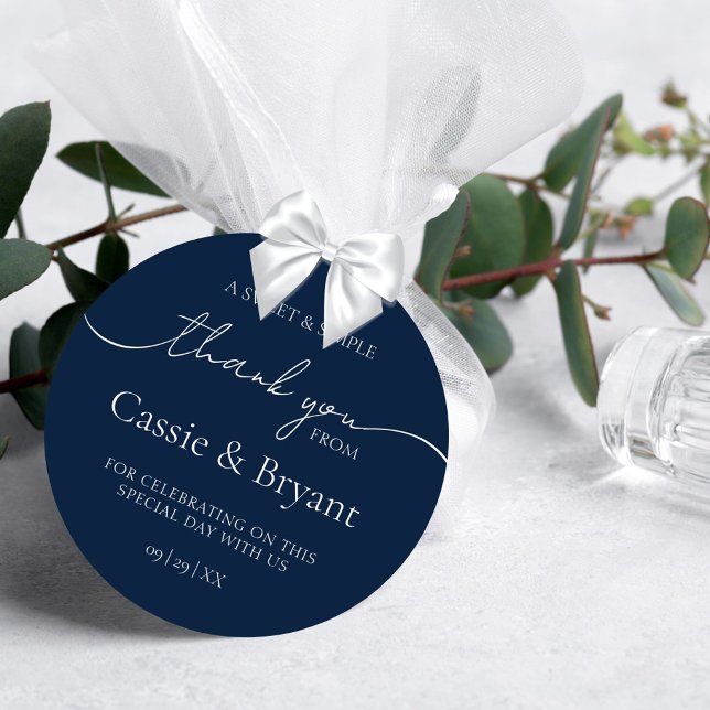 Elegant Modern Navy Blue Wedding Thank You Classic Round Sticker (Elegant Navy Blue Wedding Sticker for Modern Guest Favors Thank You Gift)