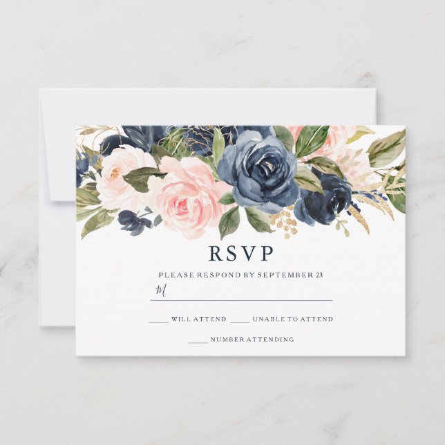 Elegant Modern Navy & Blush All Seasons Wedding RSVP Card (Front)