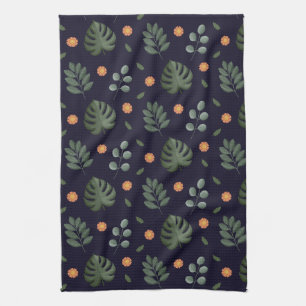 Elegant Modern Navy Botanical Leaf Floral Kitchen Towel