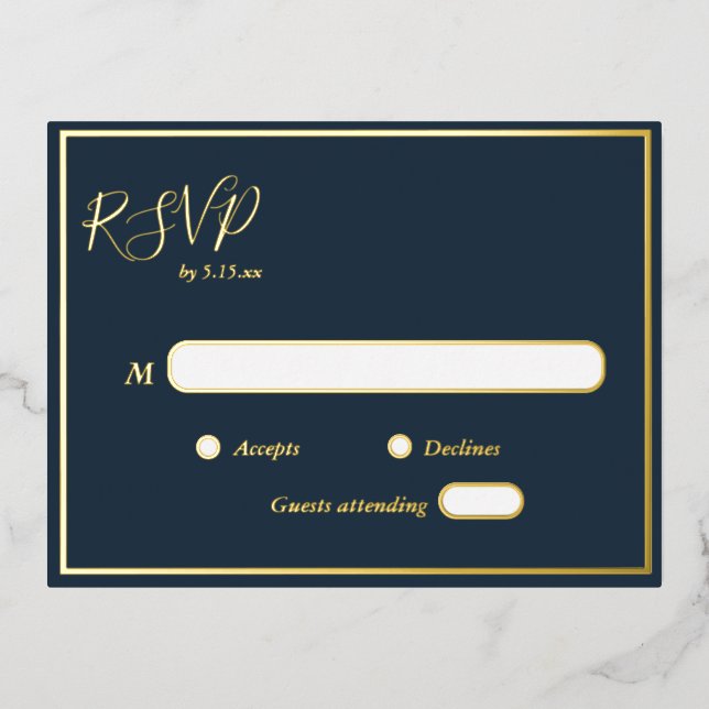 Elegant Modern Navy Gold Foil RSVP Postcard (Front)