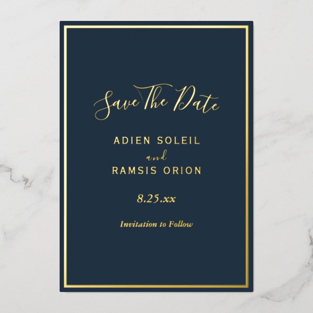 Elegant Modern Navy Gold Foil Save The Date Card (Front)