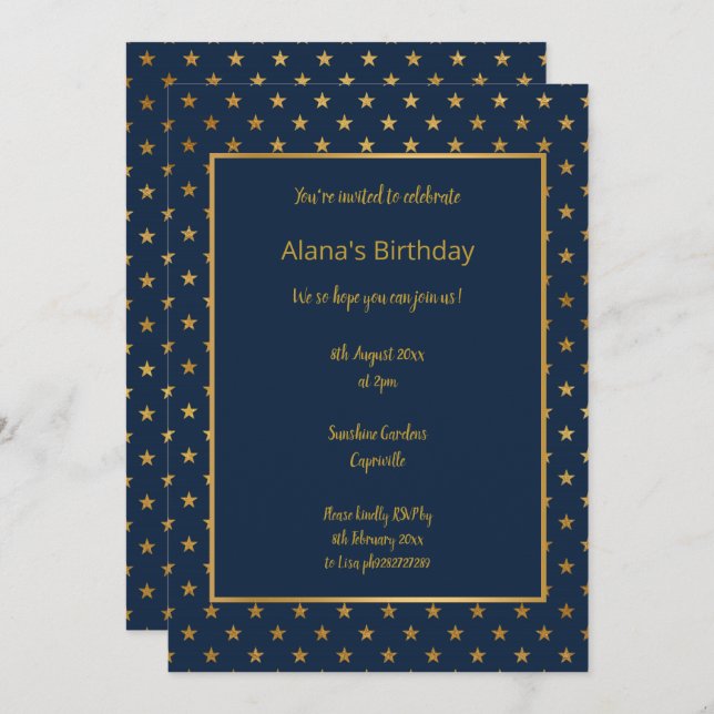 ELEGANT MODERN NAVY STAR GOLD INVITATION (Front/Back)