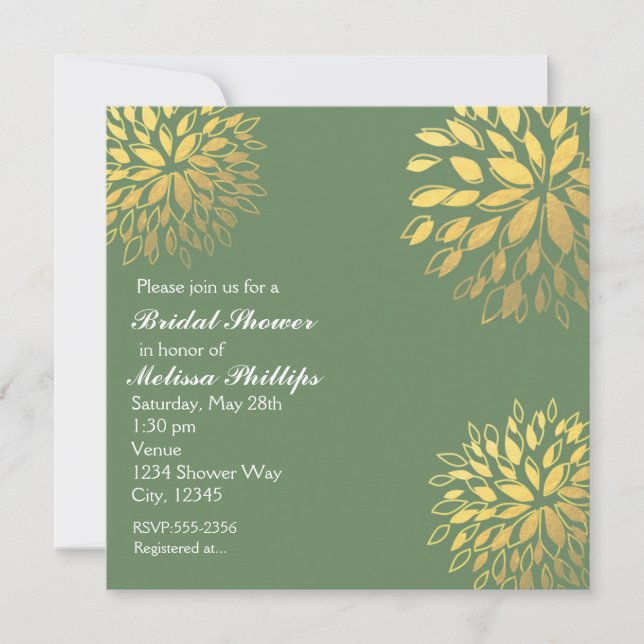 Elegant Modern Olive Green Gold Foil Floral Invite (Front)