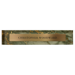 Elegant Modern Olive Green Marble Brushed Gold Nameplate