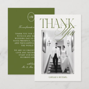 Elegant Modern Olive Green Photo Wedding Thank You Card