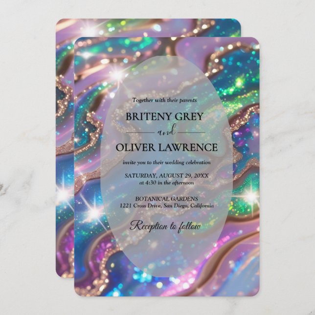 Elegant Modern opal stone and glitter weeding Invitation (Front/Back)