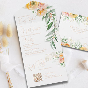 Elegant Modern Orange Yellow Watercolor Floral  All In One Invitation