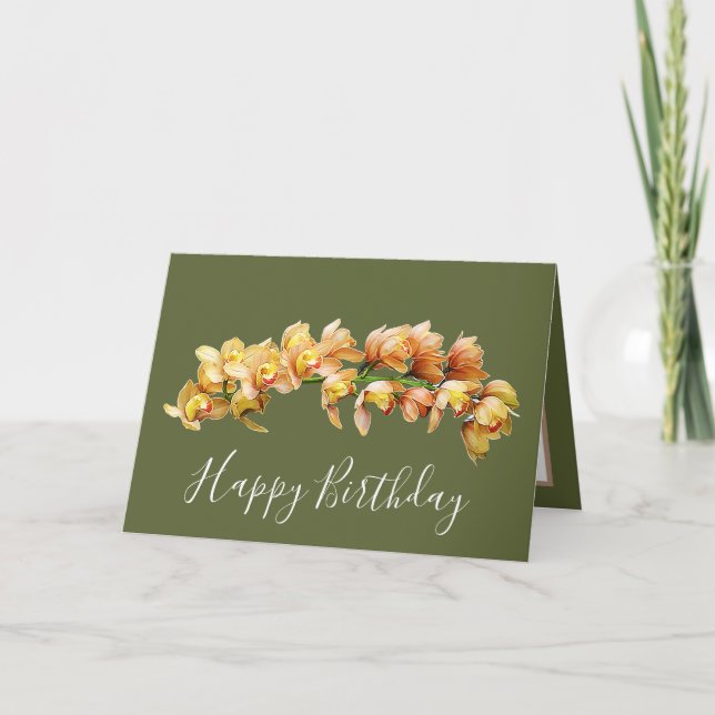 Elegant Modern Orchids Green Back Flower Birthday Card (Front)