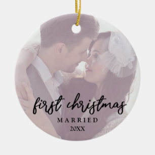Elegant modern our first Christmas married photo Ceramic Ornament