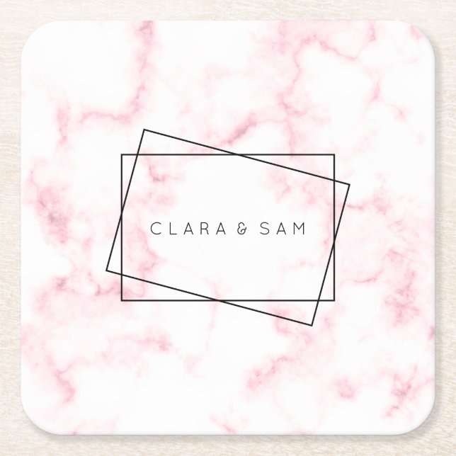 elegant modern pastel pink and white faux marble square paper coaster (Front)