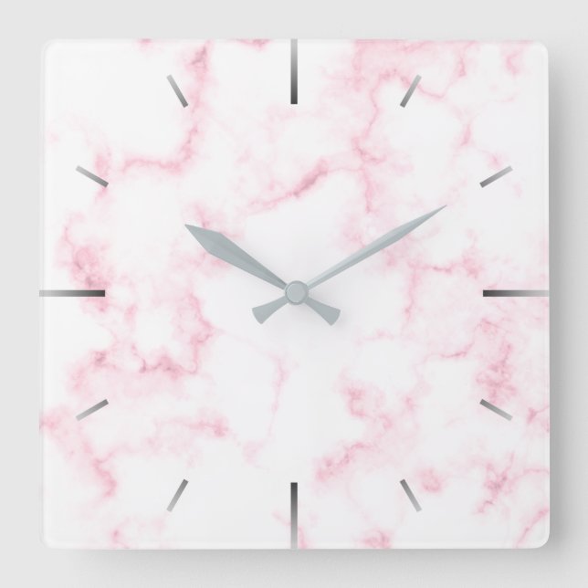 elegant modern pastel pink and white faux marble square wall clock (Front)