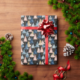 Elegant Modern Peach Black Christmas Trees Pattern Wrapping Paper