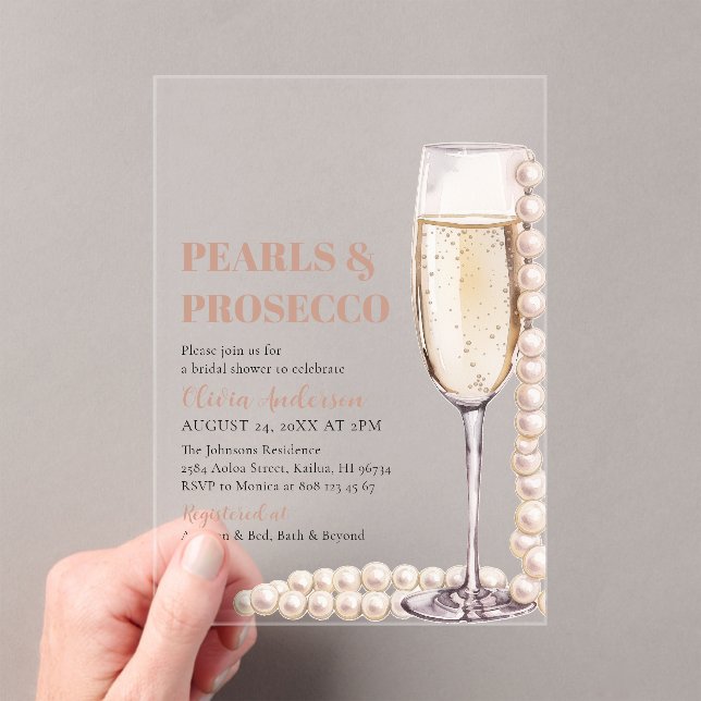 Elegant Modern Pearls and Prosecco Bridal Shower Acrylic Invitations (Insitu (Handheld))